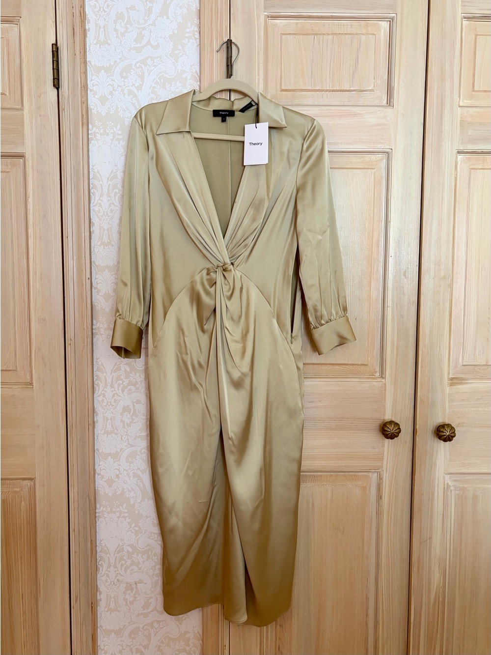 Theory Satin Twist-Front Dress in Olive